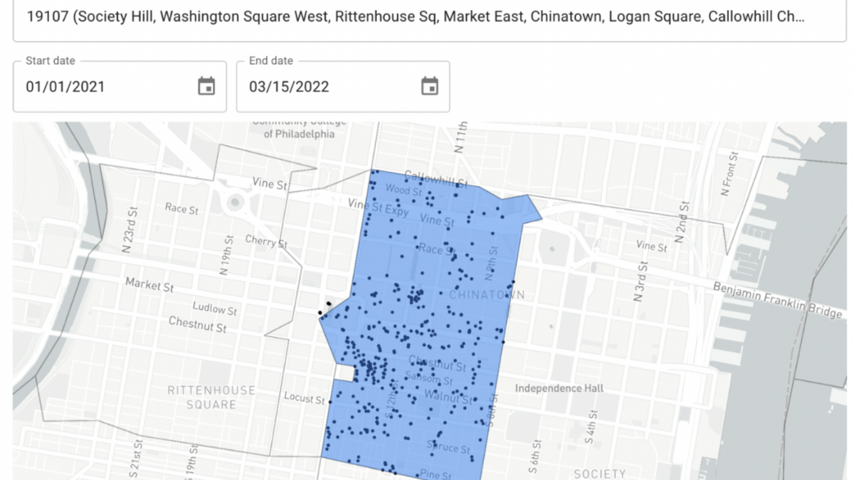 A map of locations mentioned in Philadelphia Inquirer coverage of the 19107 zip code during the period of Jan. 1, 2021 to March 15, 2022.