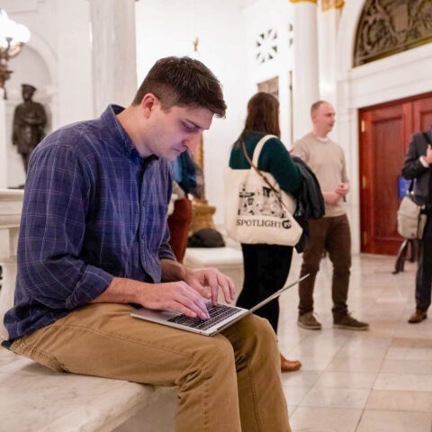 A Spotlight PA journalist works in the Pennsylvania Capitol.