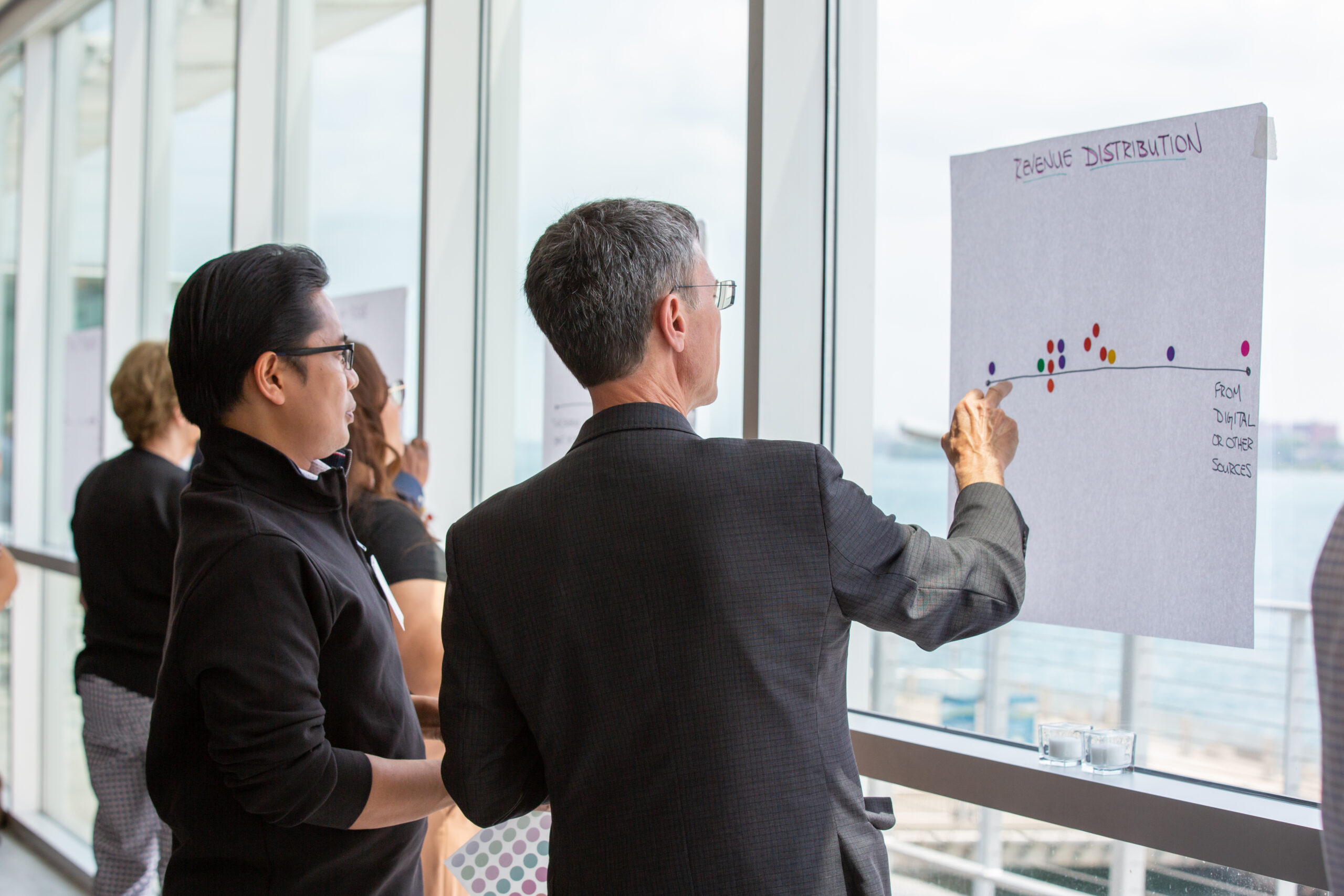 Two men pointing at a chart that says "revenue distribution."