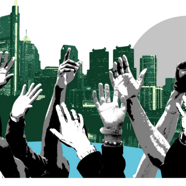 An illustration of hands raised against the Philadelphia skyline