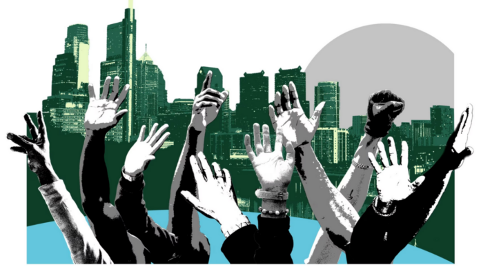 An illustration of hands raised against the Philadelphia skyline