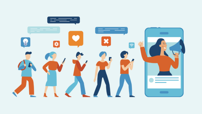 an illustration of young people browsing their mobile phones.