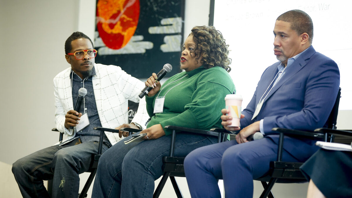 Charles Gregory, Tracie Powell, and Letrell Deshan Crittenden speak on a panel.