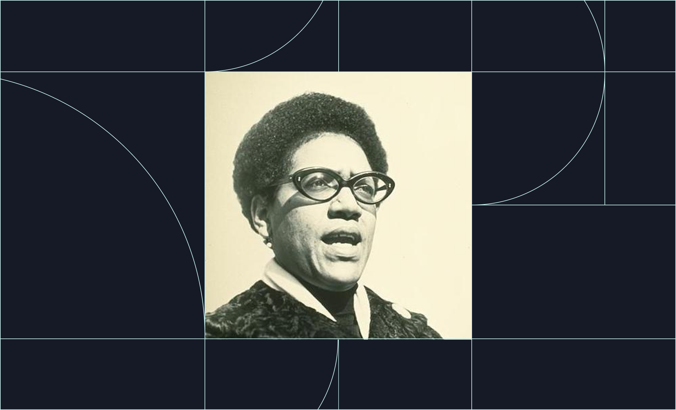 A portrait of Audre Lorde on a navy blue background