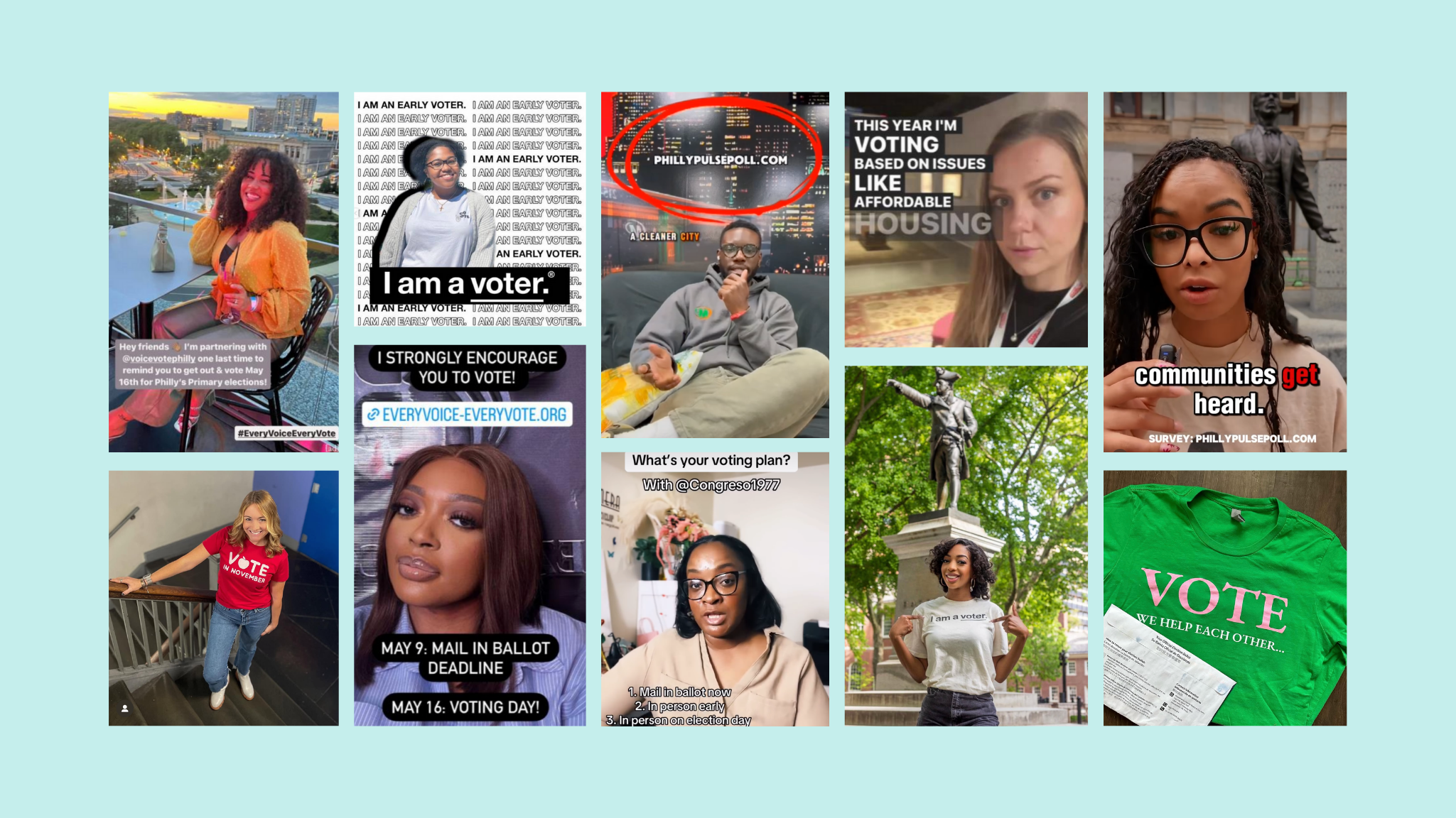 Screenshots from the content creators who partnered with Every Voice, Every Vote to post civic information about Philadelphia