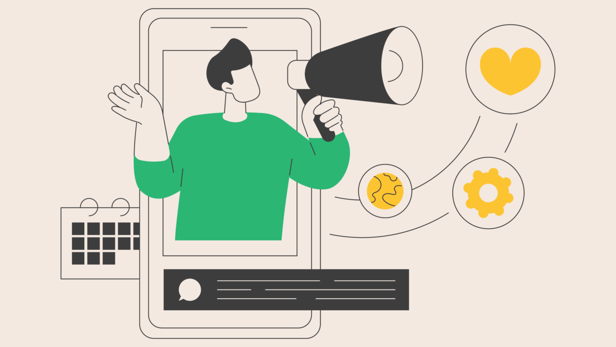 A person in a green shirt speaking through a megaphone on a phone screen