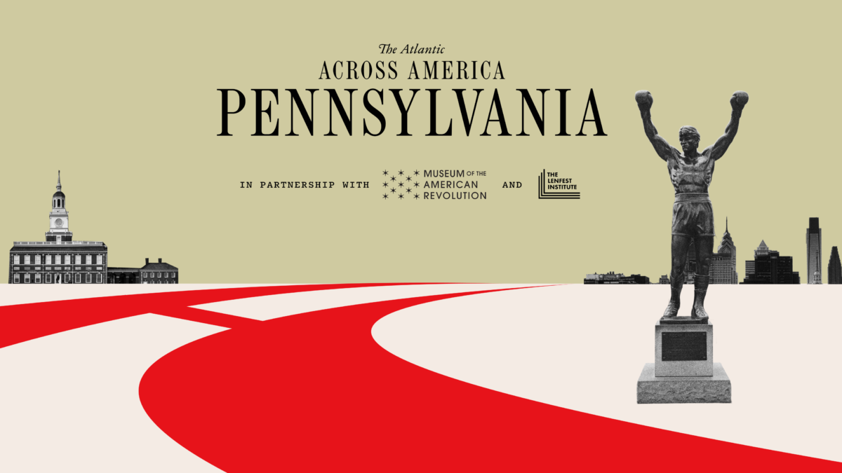 An illustration of a red road against a tan background that says in black letters: The Atlantic Across America PENNSYLVANIA in partnership with The Museum of the American Revolution and The Lenfest Institute. Featuring iconic Philadelphia images such as the skyline and Rocky statue