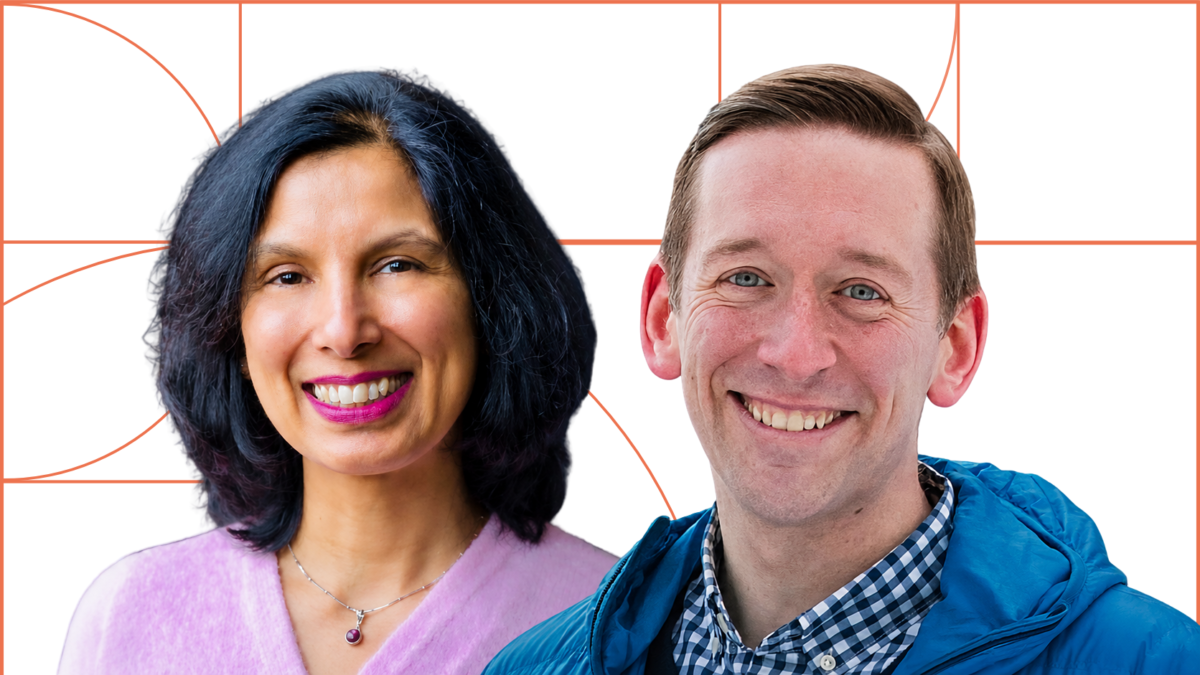 Headshots of Chase Davis and Sonali Verma on a white background with orange lattice.