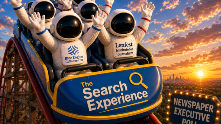 Astronauts ride a roller coaster that says "The Search Experience"